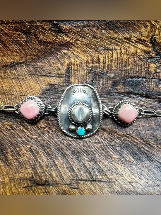 Hand Crafted Jewelry - 925 Sterling Silver Queen Conch Kingman Turquoise Cowboy Hat Bracelet 7.5